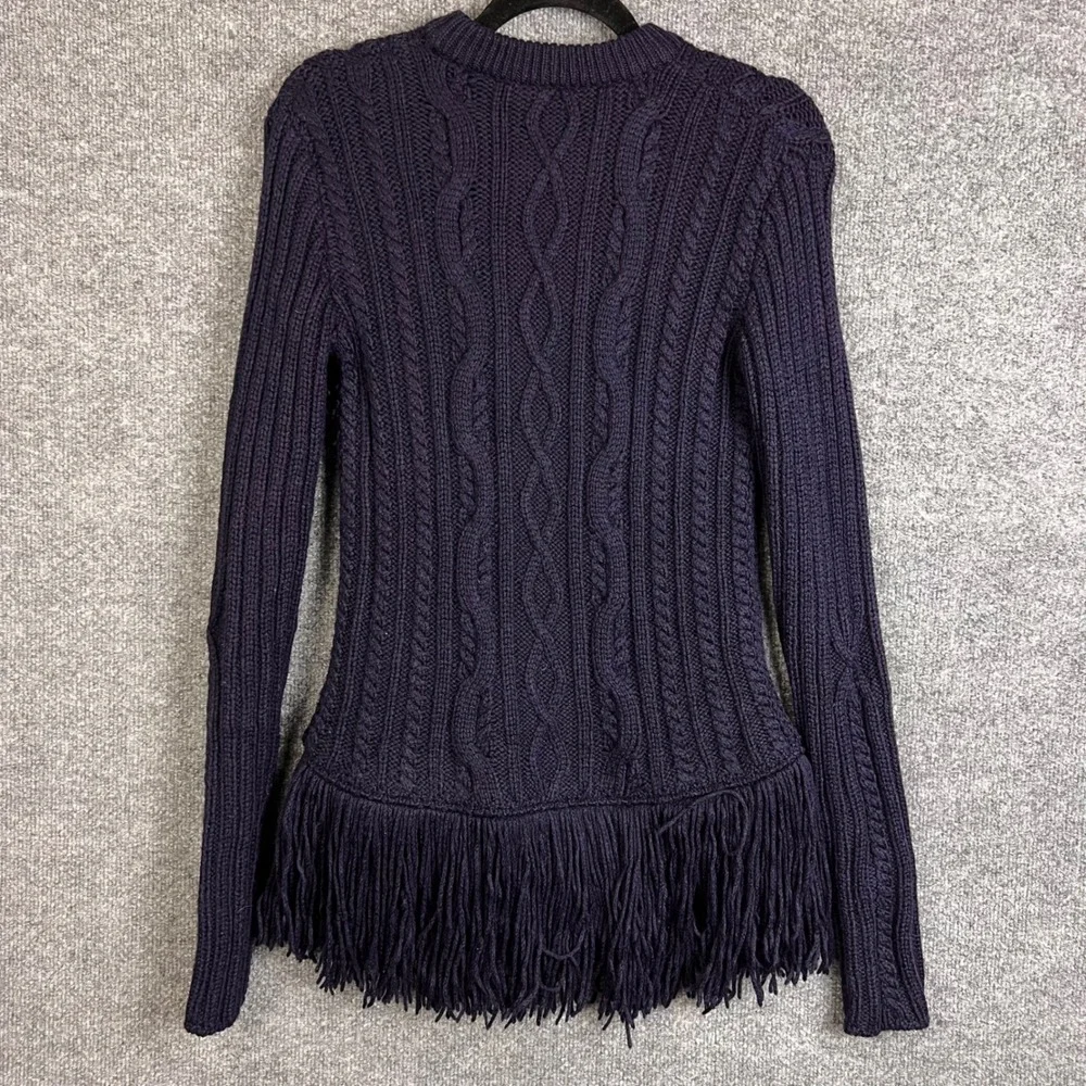 Tory Burch $425 Cable Knit WOOL Fringe Sweater S Blue Excellent Trim Crewneck